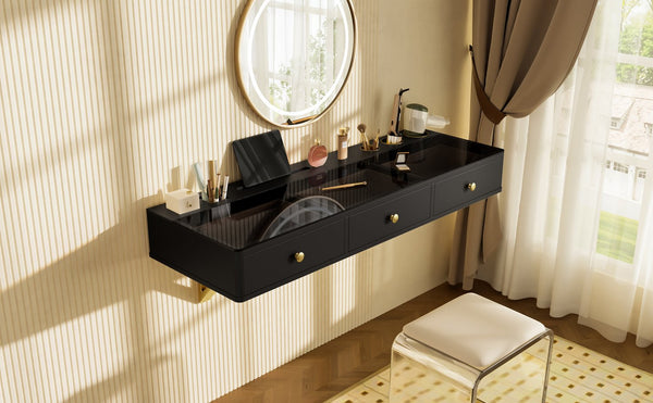 English Elm GO 47" Floating Shelf with Drawer — Sleek Wall-Mounted Vanity Desk, MDF/Iron/Glass, 100lb Capacity WF316977AAB