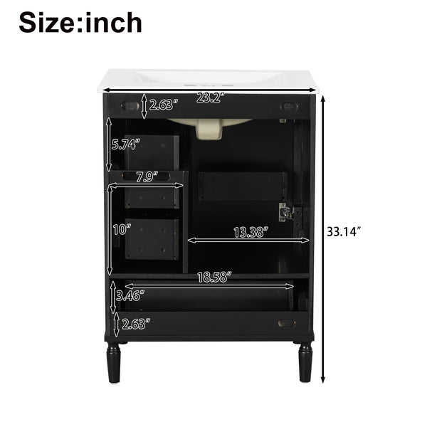 English Elm 24" Olive Bathroom Vanity Solid Wood Frame Ceramic Sink Gold Hardware Soft Close Black N729P373272B