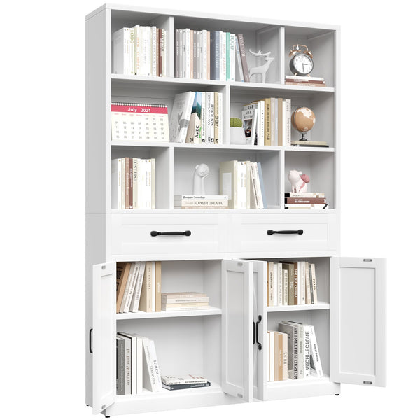English Elm 71" Tall Metal Bookcase with Open Shelves Drawers and Cabinet Doors for Modern Office T2398S00002
