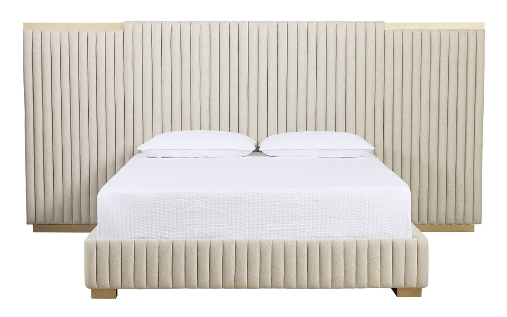 Sunpan Tarrant King Bed in Monument Oatmeal with Gold Steel Hardware - Stylish Tufted Elegance