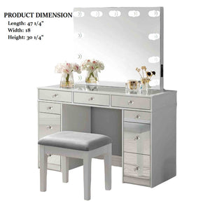 English Elm Contemporary Glam Vanity with Rhinestone Trim and Tempered Glass Top, High Gloss Finish, Illuminated Appeal Gray,White 26 L x 21 W x 32 H B2741S00685