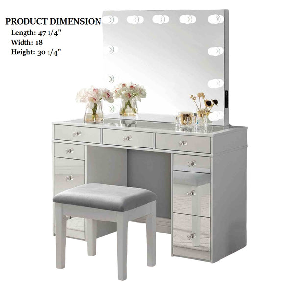 English Elm Contemporary Glam Vanity with Rhinestone Trim and Tempered Glass Top, High Gloss Finish, Illuminated Appeal Gray,White 26 L x 21 W x 32 H B2741S00685