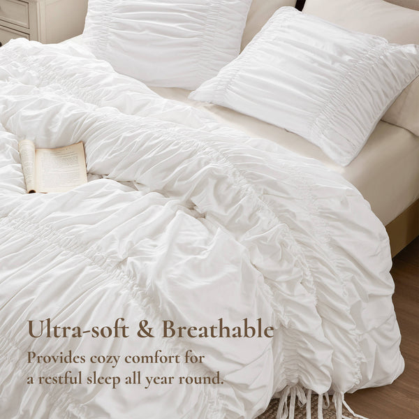 English Elm 2pcs Shabby Chic Ruched Comforter Set Bow Trim Brushed Polyester Fill Romantic Bedroom White B035P341082