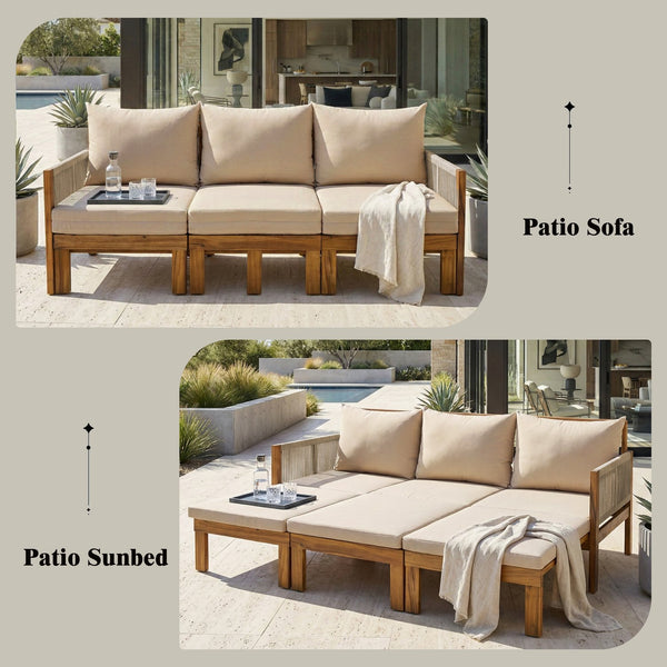 English Elm Outdoor Acacia Wood Dining Set Seats Six with Cushioned Armrest Chairs for Patio Natural Wood+Brown N719Z000220D