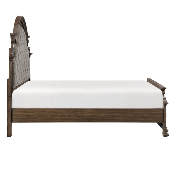 English Elm Traditional Arched Button Tufted California King Bed Gray Chenille Walnut Inlay Frame B011S02508