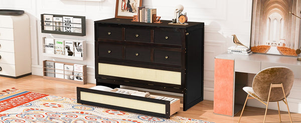 English Elm Full Size Murphy Wall Bed Cabinet with Rattan Panel Detailing and Storage Drawers Espresso N708P336203P