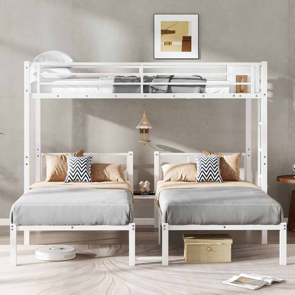 English Elm Twin Triple Bunk Bed Metal L-shaped Frame Sleeps Three Kids White Finish W1580S00567