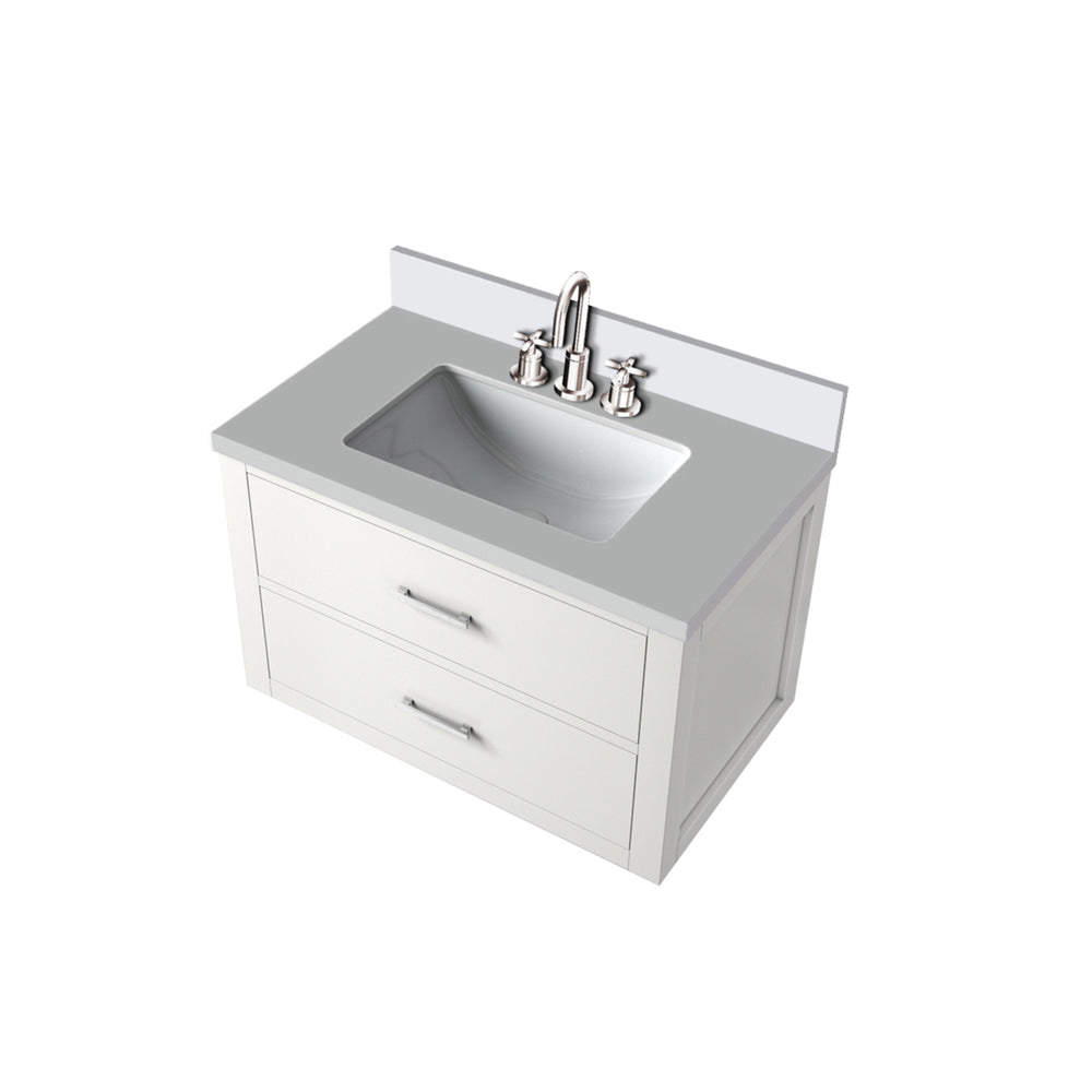 English Elm White 30 in Single Bath Vanity with White Quartz Top, Chrome Gooseneck Faucet, Soft-Close Drawers, Solid Wood Frame B2731P257945