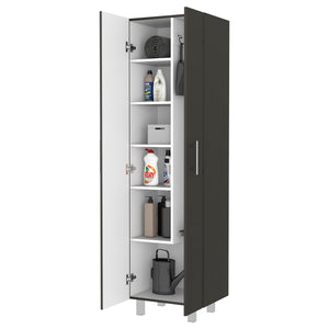 English Elm Norway Tall Broom Closet Pantry Cabinet with Five Shelves & Double Doors for Organized Cleaning B128S00105