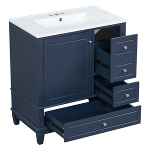 English Elm Christopher Knight Home® - 30" Freestanding Bathroom Vanity with Ceramic Sink, Soft-Close Door, Gold Knobs & 3 Drawers, Durable Painted Finish Blue N759P225994C