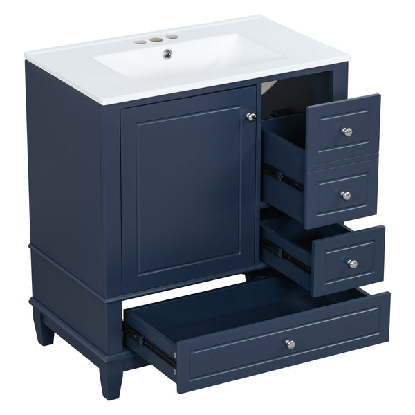 English Elm Christopher Knight Home® - 30" Freestanding Bathroom Vanity with Ceramic Sink, Soft-Close Door, Gold Knobs & 3 Drawers, Durable Painted Finish Blue N759P225994C