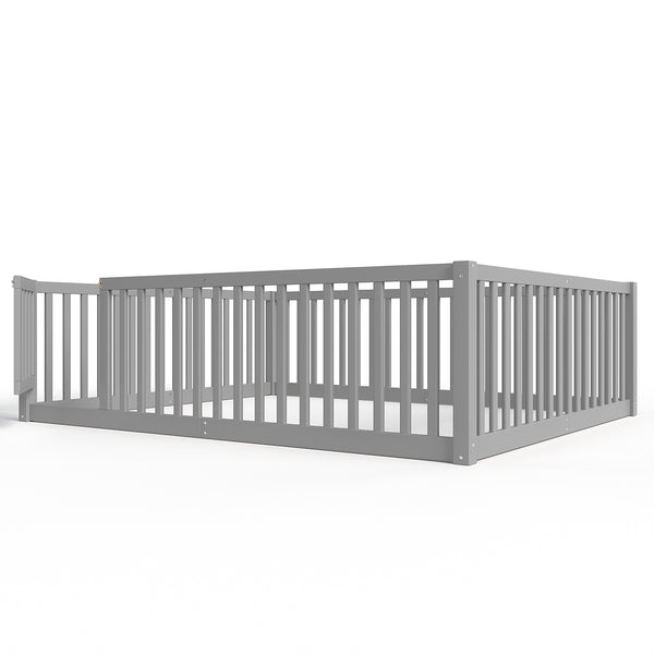 English Elm Queen Kids Floor Bed Pine Wood Frame with Safety Rails Door and Low Profile Design Gray W1580P418053