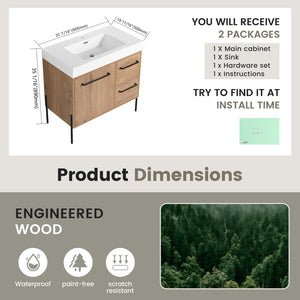 English Elm 36" Freestanding Bathroom Vanity Plywood Base Resin Sink Soft Close Storage W999S00526