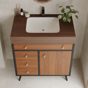 English Elm 29.9" Floating Bathroom Vanity Sintered Stone Top Soft Close Drawers Bronze Gold Hardware Brown,Walnut,White W3136S00045