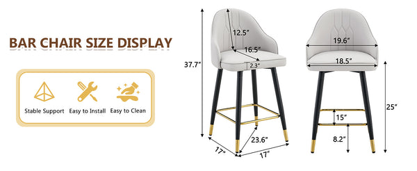 English Elm Set of 2 Pu Leather Barstools with Gold Footrest Curved Back for Kitchen Island Black,Light Gray W1151P383771