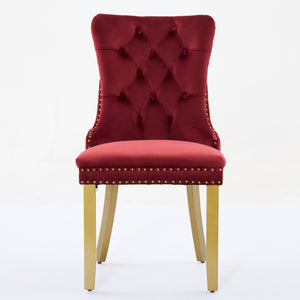 English Elm Mid-Century Lion Head Pull Ring Velvet Dining Chair with Tufted Cushion, Gold Wood Legs, Nailhead Trim WINE RED W1143P233645