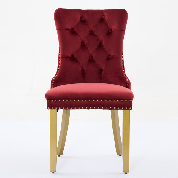 English Elm Mid-Century Lion Head Pull Ring Velvet Dining Chair with Tufted Cushion, Gold Wood Legs, Nailhead Trim WINE RED W1143P233645