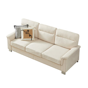 English Elm 82" Chesterfield Snowfleece Upholstered 3-seat Sofa Nailhead Trim Plush Living Room Beige W1359P386036