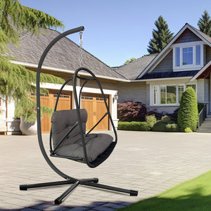 English Elm Swing Egg Chair with Stand - Foldable Rattan Hanging Basket Seat, Cushioned Comfort, Cup Holder Black W2707P388616