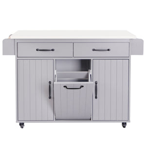 English Elm K&K Kitchen Island with Tilt-Out Trash Can, Drop Leaf Counter, Adjustable Shelf, Rolling Cart Grey WF326381AAG