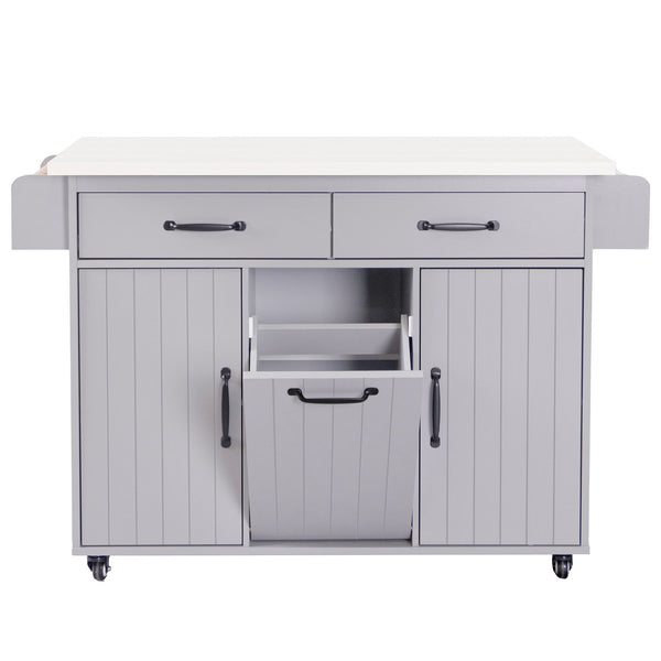 English Elm K&K Kitchen Island with Tilt-Out Trash Can, Drop Leaf Counter, Adjustable Shelf, Rolling Cart Grey WF326381AAG