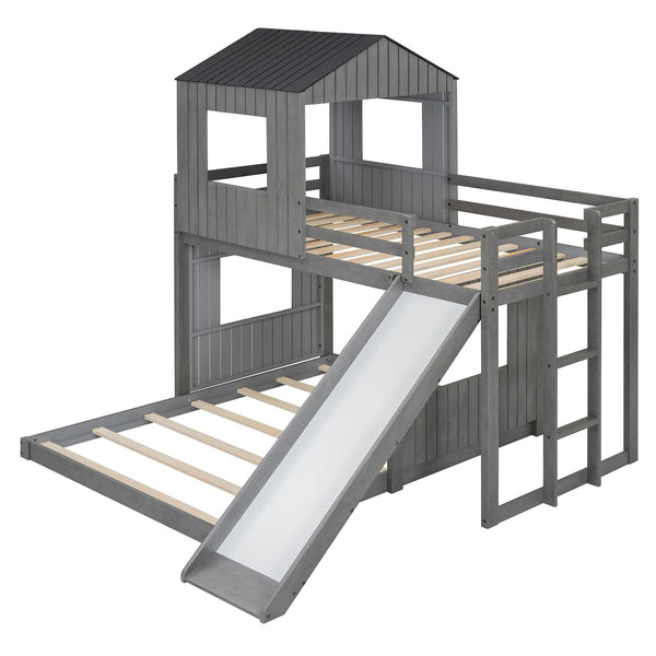 English Elm Wooden Twin Over Full Bunk Bed Farmhouse Playhouse Slide Pinewood Kids Loft LT000328AAE