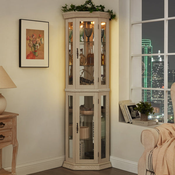 English Elm Lighted Corner Curio Cabinet - Elegant Glass Display With Adjustable Shelves & Bead Bulb Lighting - White W1758P300131