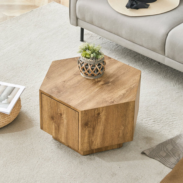 English Elm Simple Hexagonal MDF Coffee Table with Drawer, Wood Texture, Stable Anti-Slip Base, Easy Assembly, Stylish Nightstand Alternative W1151P264015
