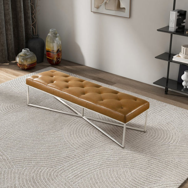 English Elm Harper Full-grain Leather Tufted Bench with Metal Base for Bedroom or Entryway B183P255200