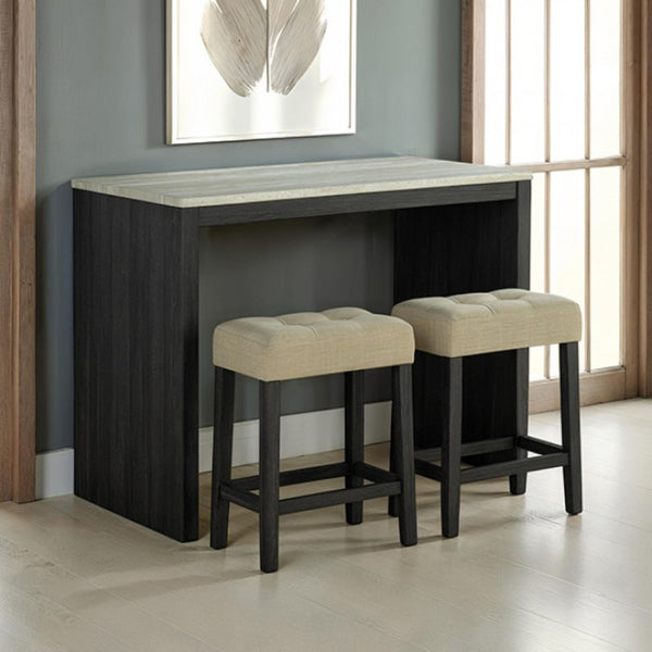 English Elm Two-Tone Travertine Top 3pc Dining Set with Biscuit-Tufted Beige Stools, Black/Gray Transitional Chic B2741P301915