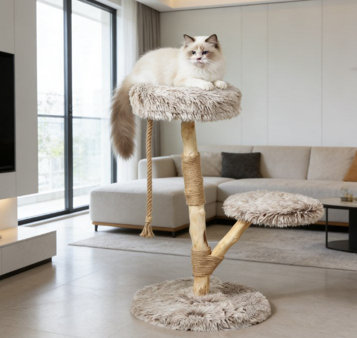 English Elm Cat Tree Tower with Jute Wrapped Pear Wood Post Dual Perches and Hanging Rope Toy T3971P432019