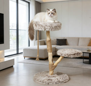 English Elm Cat Tree Tower with Jute Wrapped Pear Wood Post Dual Perches and Hanging Rope Toy T3971P432019