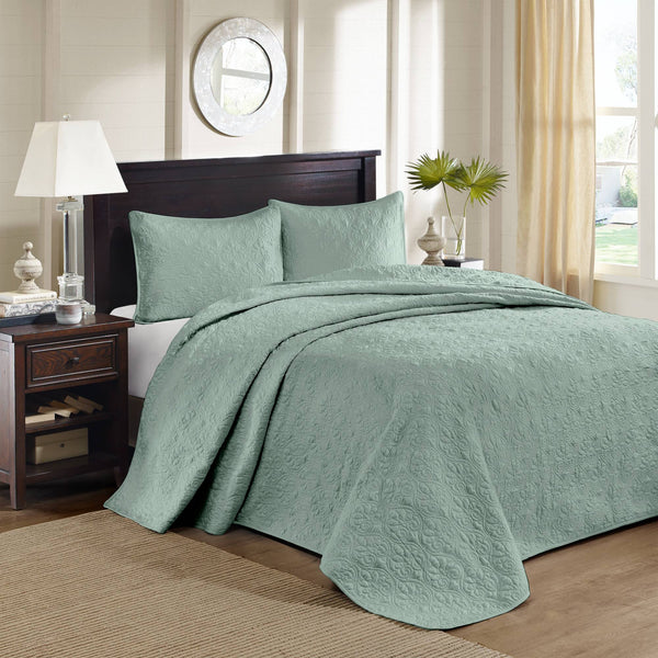 JLA Home Madison Park - 3 Reversible Bedspread Set with Quilted Stitch Texture, Oversized Drape, Antimicrobial Soft Cotton Fill Seafoam MP13-6445