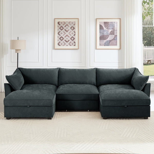 English Elm U Shape 3 Seater Modular Sofa With Movable Ottomans & Hidden Storage Drawers For Modern Living W3041S00197-GIGA