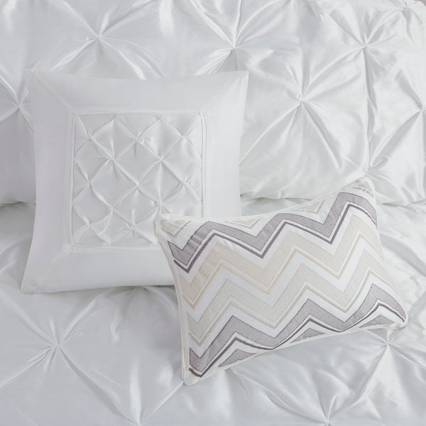 English Elm 7-piece Queen Tufted Pleated Comforter Set with Shams Bed Skirt Decorative Pillows White B035P463183