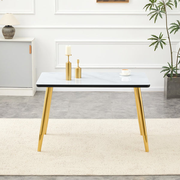 English Elm Modern Marble Look Glass Top Dining Table with Gold Tapered Legs Seats Six W1151S04619