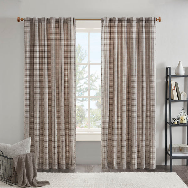 JLA Home Madison Park - Plaid Yarn-Dyed Green Curtain Panel with Fleece Backing for Thermal Insulation and Privacy, 84-108" Brown MP40-8523