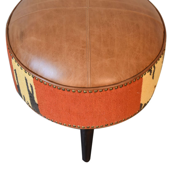 English Elm Solid Buffalo Leather Durrie Fabric Cube Footstool with Walnut Nordic Tapered Legs B182P280809