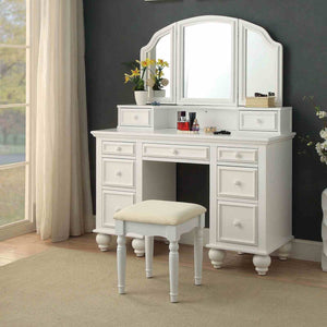 English Elm Transitional Glam Mirrored Vanity with Padded Stool, Spacious Drawers, Central Mirror for Prep and Storage White 51 L x 21 W x 30 H B2741P400803