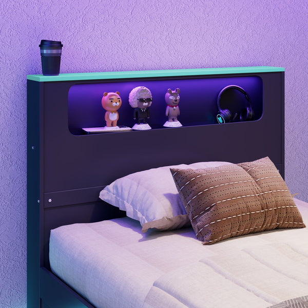 English Elm Twin Wood Gaming Daybed with Trundle Built-in Desk Rgb Lighting and Usb Port Black+Blue LT000283AAC