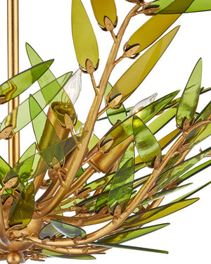 Currey & Company Babylon Chandelier - Elegant Bowl Design With Recycled Glass Leaves In Contemporary Gold Finish Green Recycled Bottle Glass ,Wrought Iron 9000-1309-currey-company