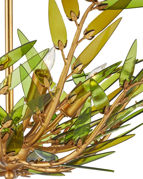 Currey & Company Babylon Chandelier - Elegant Bowl Design With Recycled Glass Leaves In Contemporary Gold Finish Green Recycled Bottle Glass ,Wrought Iron 9000-1309-currey-company