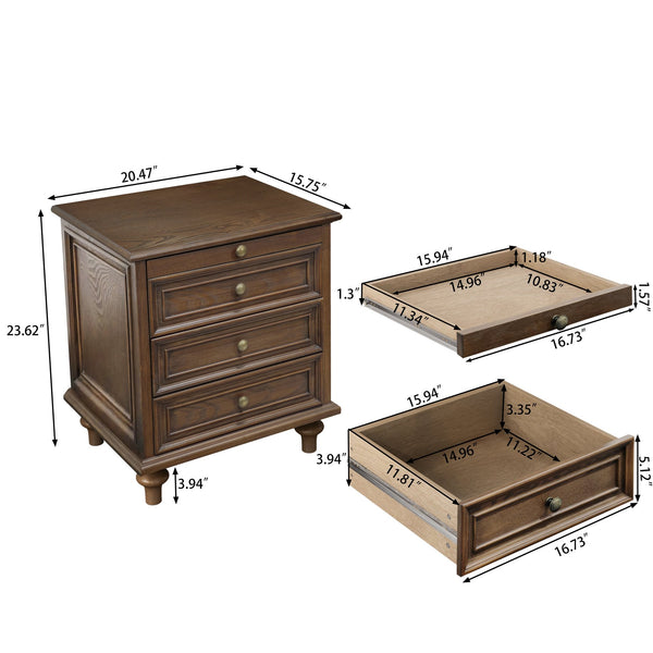 English Elm Farmhouse Nightstand Pine Wood Four Drawer Storage with Pull Out Tray Gourd Legs Walnut Brown W1716P399633