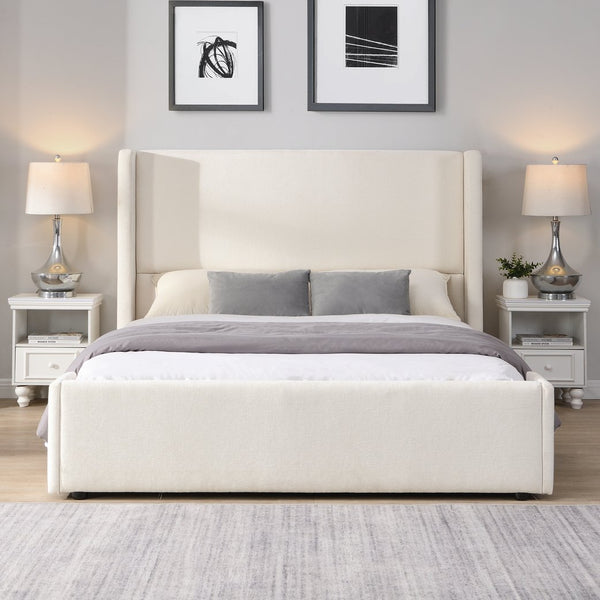English Elm Elegant Wingback Queen Bed Tall White Fabric Upholstered Frame Architectural Bedroom N769Q370483W
