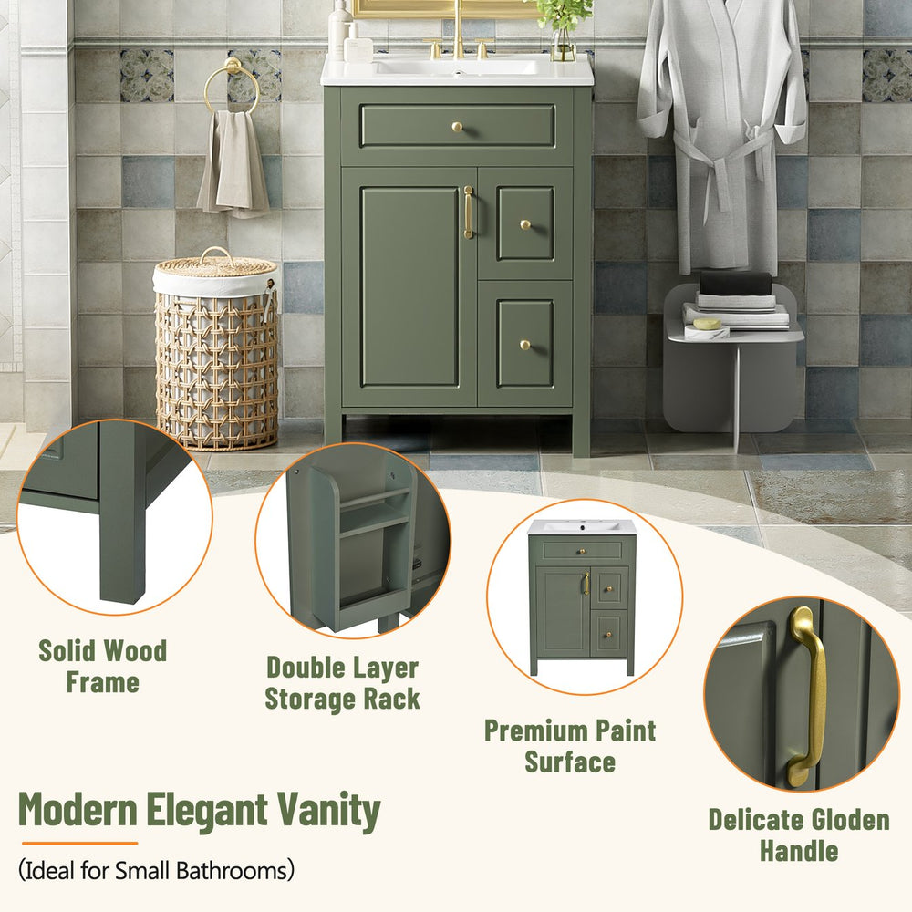 English Elm 24-Inch Bathroom Vanity with Ceramic Sink, Soft-Close Door & Drawers, Gold Handles, Durable Wood Elegance Green N729P192078F