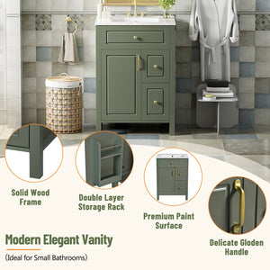 English Elm 24-Inch Bathroom Vanity with Ceramic Sink, Soft-Close Door & Drawers, Gold Handles, Durable Wood Elegance Green N729P192078F