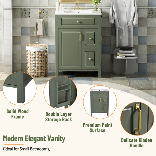 English Elm 24-Inch Bathroom Vanity with Ceramic Sink, Soft-Close Door & Drawers, Gold Handles, Durable Wood Elegance Green N729P192078F
