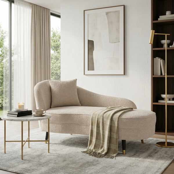 English Elm Bellaluxe Boucle Curved Chaise Lounge Upholstered Reading Chair for Bedroom or Office Beige N773P399982B
