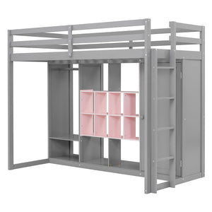 English Elm Twin Loft Bed with Wardrobe Shelves and Cabinet Kids Bedroom Wood Storage Frame Pink+Grey N708S00023E