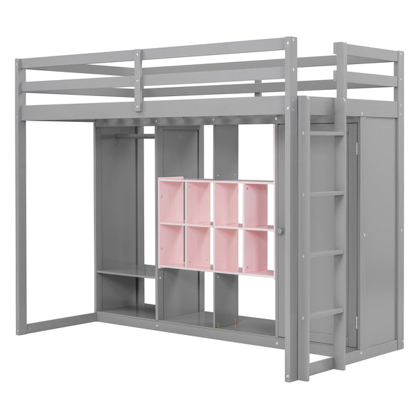 English Elm Twin Loft Bed with Wardrobe Shelves and Cabinet Kids Bedroom Wood Storage Frame Pink+Grey N708S00023E
